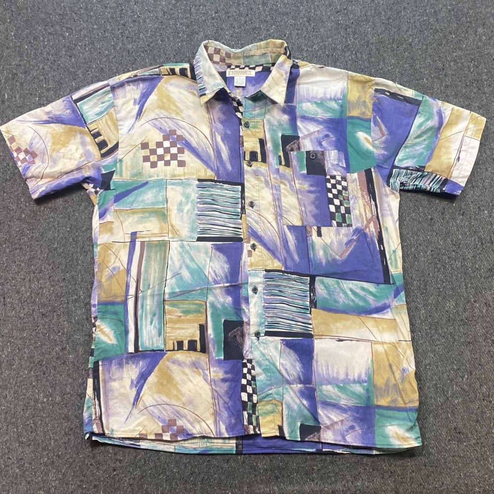 Expressions Worldwide‎ Shirt Sz L Mens Purple Abstract 90s Skater Button Down